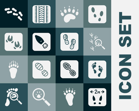 Set Safe distance, Human footprint, Bird, Bear paw, footprints shoes, Wild boar, and icon. Vector
