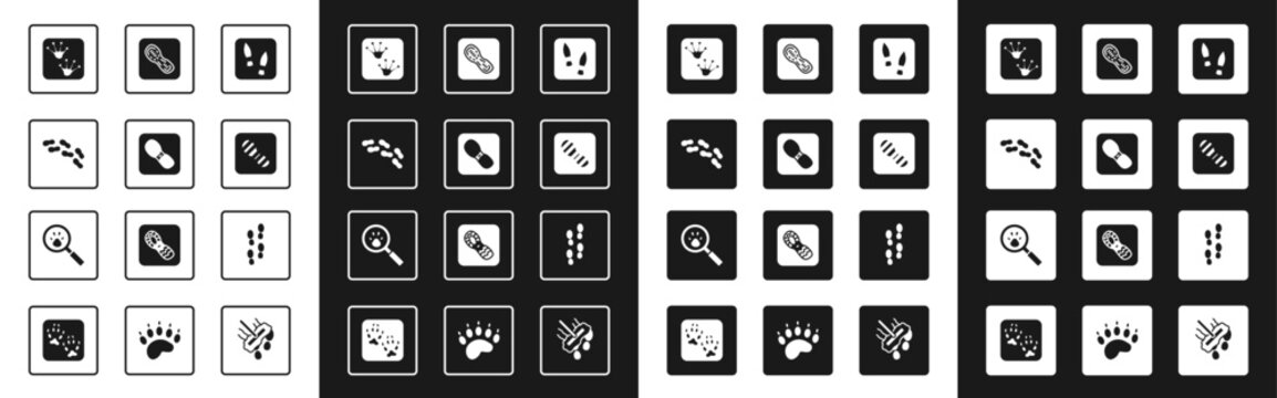 Set Human footprints shoes, Frog paw, and Paw search icon. Vector