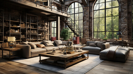 Living room interior in loft, industrial style