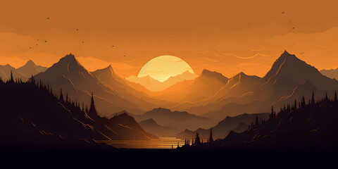 Fototapeta na wymiar Sunrise in the mountains, Mountains Sunset Background with yellow Light Reflection Background Illustration