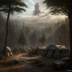 A military encampment in the woods - obrazy, fototapety, plakaty