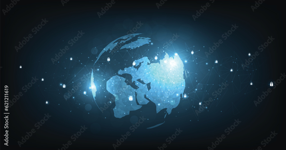 Poster Global network Cyber security connection. World map point and line composition concept of the global cyber security business. Vector Illustration.