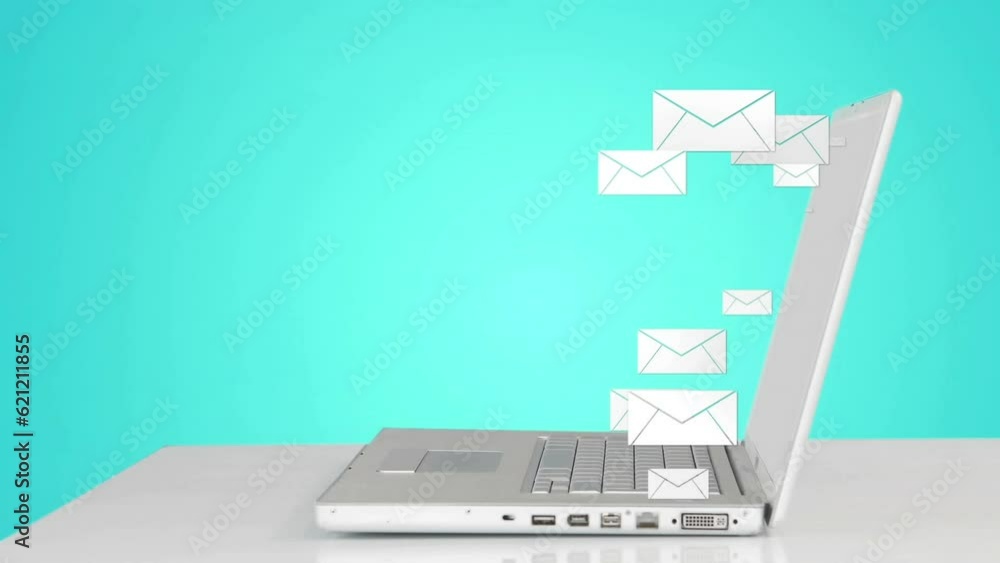 Poster animation of message icons floating over mid section of businessman using a laptop
