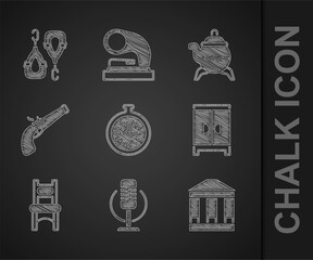 Set Pocket watch, Microphone, Museum building, Wardrobe, Chair, Vintage pistol, Classic teapot and Earrings icon. Vector