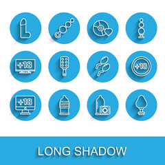 Set line Monitor with 18 plus content, Condom safe sex, Dildo vibrator, Anal plug, Spanking paddle, Plus movie and Sperm icon. Vector