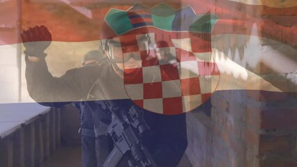 Animation of flag of croatia over diverse soldiers - Powered by Adobe