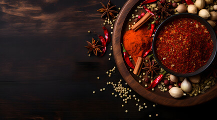 Obraz na płótnie Canvas Top View Wooden Spice Bowl, Aromatic Mixed dried Spice Background