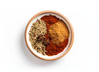mixed spices in a wooden bowl isolated on white, top view, cardamom, red and mixed pepper and seeds