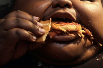 Close-up mouth of an extremely obese person with leftover food in her mouth. Obese young woman with hamburger. The concept of obesity and overeating.