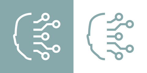 Icono inteligencia artificial. Logo silueta de cabeza humana lineal con conexiones de red - obrazy, fototapety, plakaty