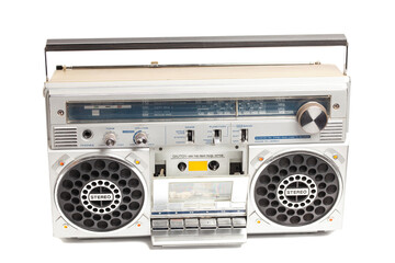Silver retro ghetto radio boom box cassette recorder from 80s