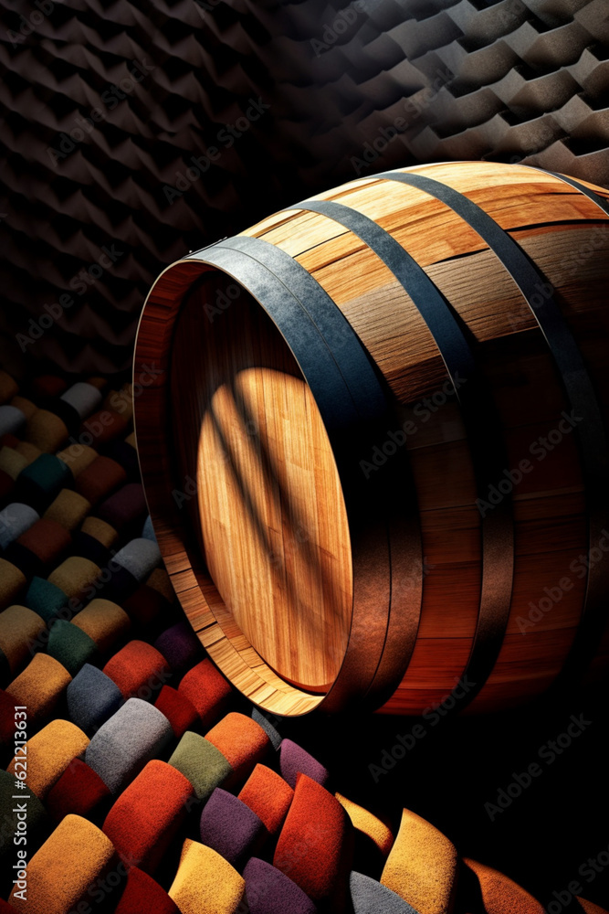 Poster an abstract photograph of a wine barrel, focusing on its curves, textures, and the play of light and