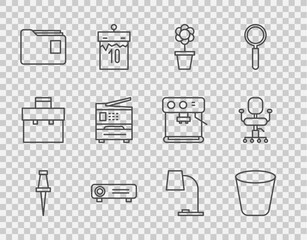 Set line Push pin, Trash can, Flower pot, Movie, film, media projector, Document folder, Printer, Table lamp and Office chair icon. Vector