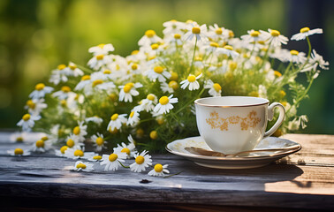 Obraz na płótnie Canvas Spring Time - Chamomile Flowers In Teacup On Wooden Table In Garden