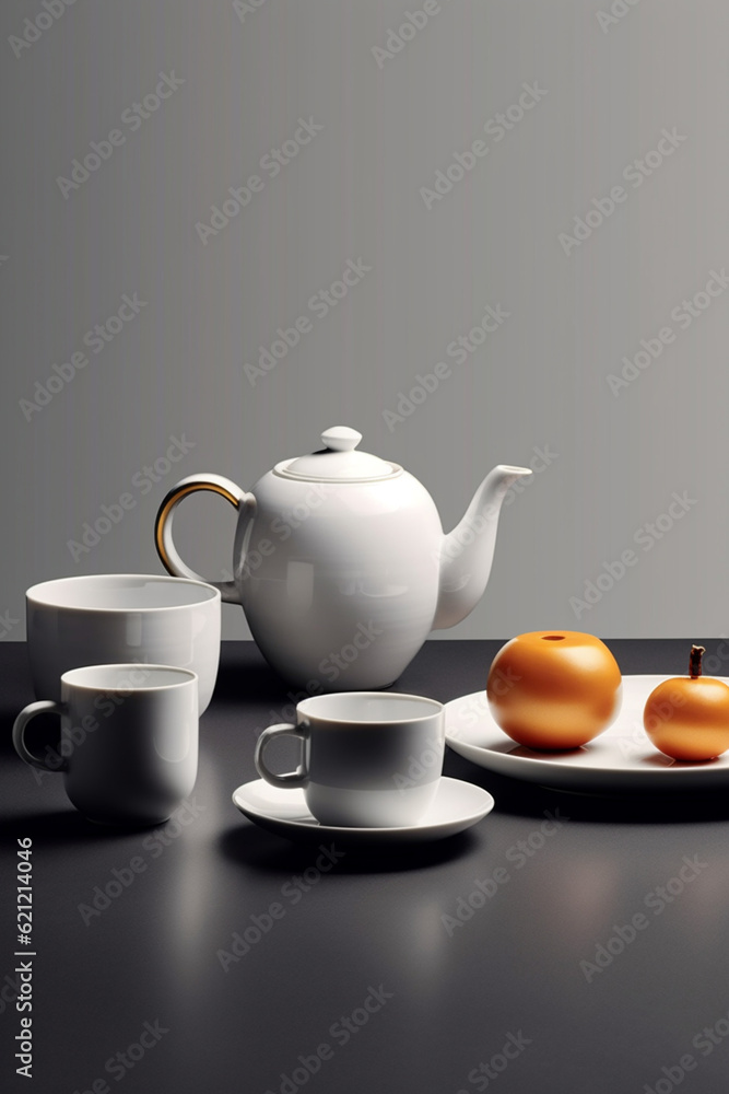 Poster a minimalistic ceramic or porcelain tableware set with clean and uncluttered forms, generative ai te
