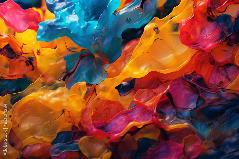 Poster a digital art abstract painting that explores the interplay of colors, textures, and organic shapes,