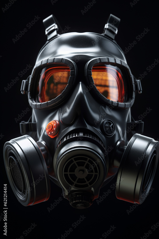 Fototapete A conceptual image of a gas mask in a pristine and sterile environment, reflecting themes of isolation, contamination, or the fragility of human existence.  Generative AI technology.