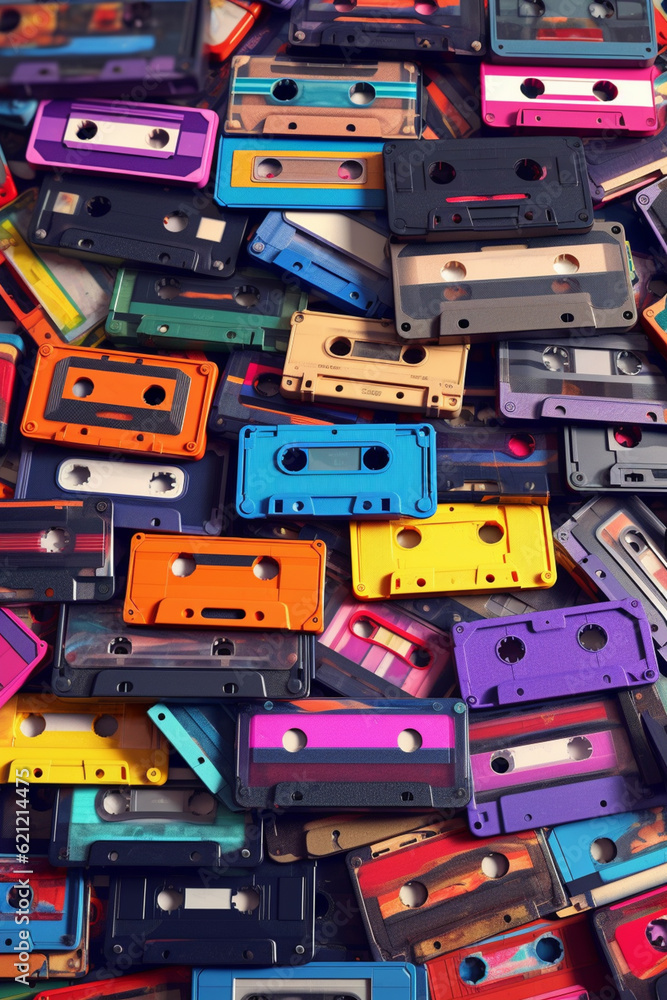 Poster an artistic composition of multiple cassette tapes arranged in a pattern or forming a larger image, 