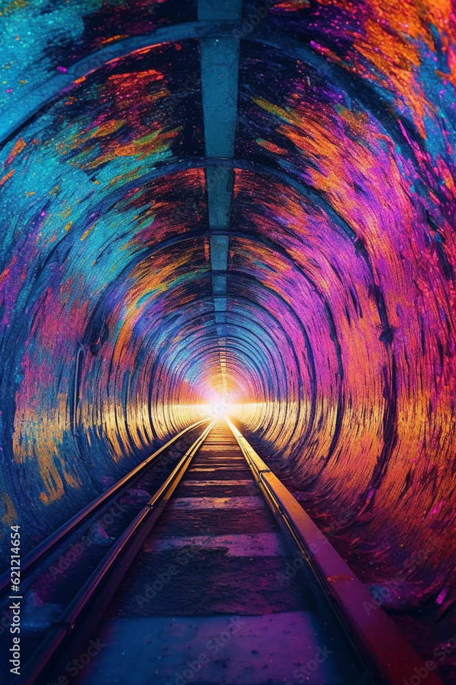 Poster a surreal photograph of a tunnel covered in luminescent paint, emitting a captivating and ethereal g