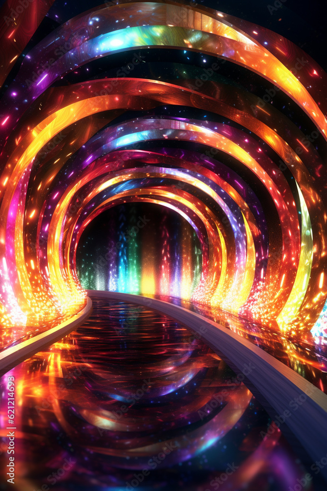 Leinwandbilder A digital art composition of a tunnel with swirling ribbons of light in various shades, creating a captivating and immersive environment.  Generative AI technology.