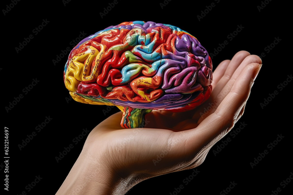 Leinwandbilder A close-up photograph of a human hand holding a realistic model of a brain, symbolizing the power of knowledge and intellect.  Generative AI technology.