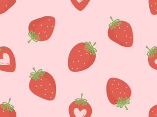 Seamless pattern of strawberry with green leaves on pink background vector illustration. Cute fruit print.