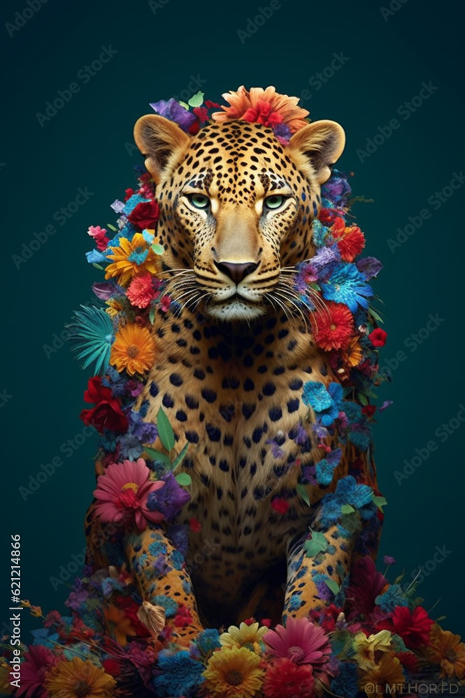 Leinwandbilder A conceptual image of a Leopard made from unconventional materials, such as flowers or feathers, challenging the perception of Leopard as solely utilitarian objects.  Generative AI technology.