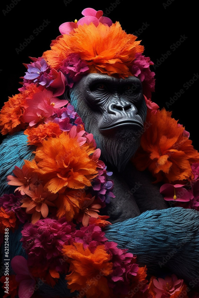 Poster A conceptual image of a Gorilla made from unconventional materials, such as flowers or feathers, challenging the perception of Gorilla as solely utilitarian objects.  Generative AI technology.