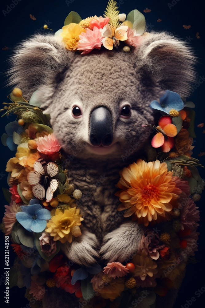 Poster A conceptual image of a Koala made from unconventional materials, such as flowers or feathers, challenging the perception of Koala as solely utilitarian objects.  Generative AI technology.