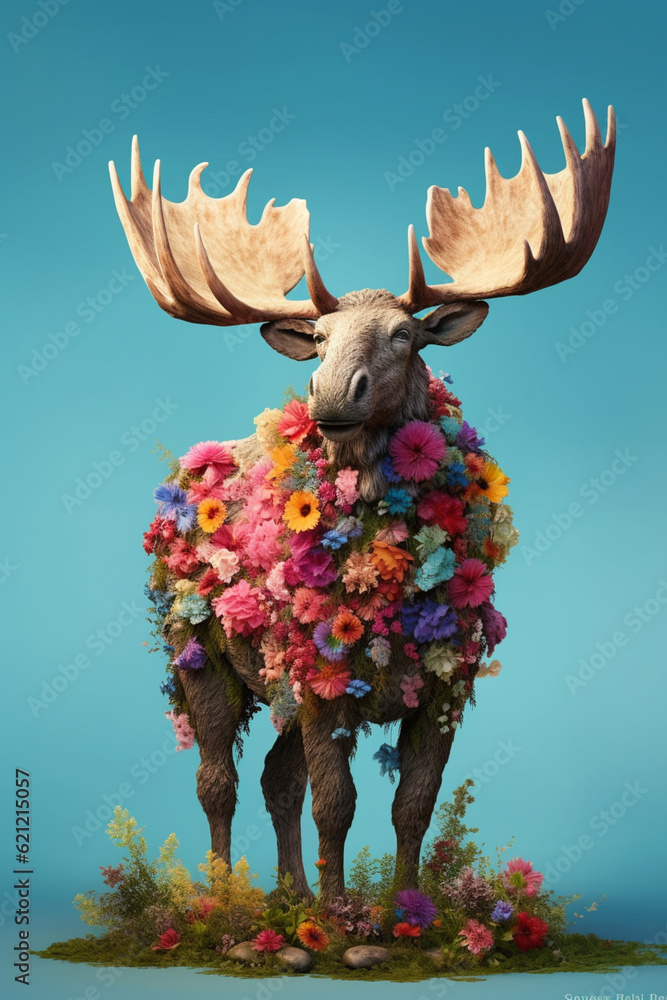 Leinwandbilder A conceptual image of a Moose made from unconventional materials, such as flowers or feathers, challenging the perception of Moose as solely utilitarian objects.  Generative AI technology.