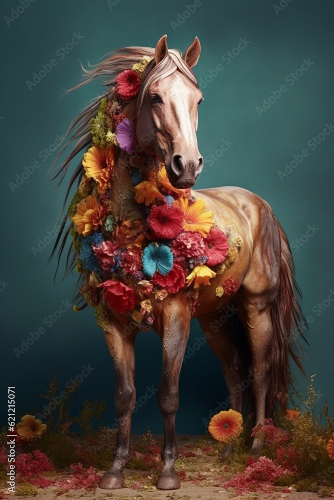 Poster A conceptual image of a Horse made from unconventional materials, such as flowers or feathers, challenging the perception of Horse as solely utilitarian objects. Generative AI technology.