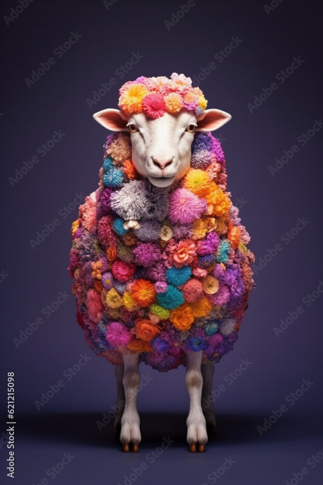 Poster A conceptual image of a Sheep made from unconventional materials, such as flowers or feathers, challenging the perception of Sheep as solely utilitarian objects.  Generative AI technology.