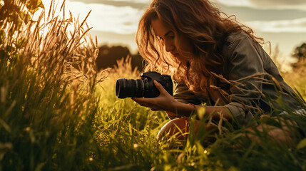 Woman making picture of nature flower plant during sunset, holding photo camera - obrazy, fototapety, plakaty