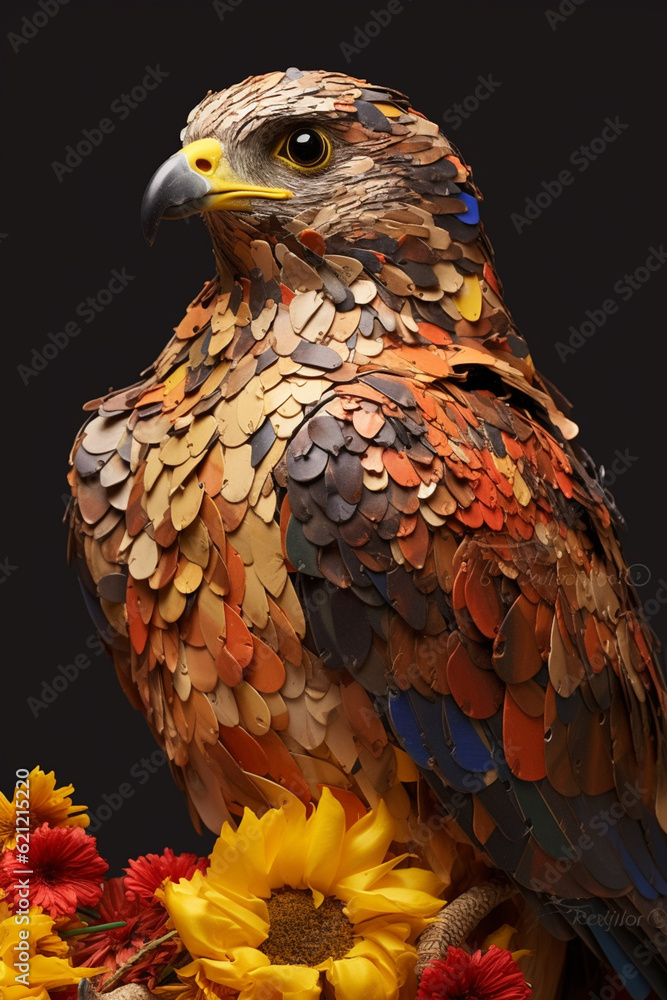 Poster a conceptual image of a falcon made from unconventional materials, such as flowers or feathers, chal