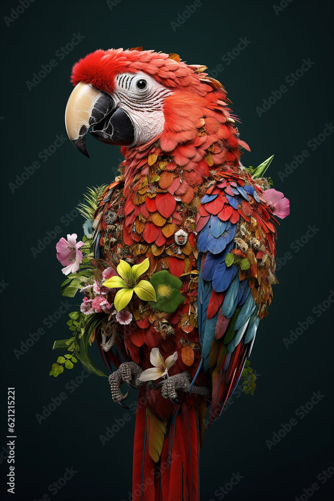 Fototapete A conceptual image of a Parrot made from unconventional materials, such as flowers or feathers, challenging the perception of Parrot as solely utilitarian objects. Generative AI technology.