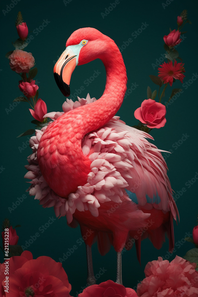Aufkleber A conceptual image of a Flamingo made from unconventional materials, such as flowers or feathers, challenging the perception of Flamingo as solely utilitarian objects. Generative AI technology.