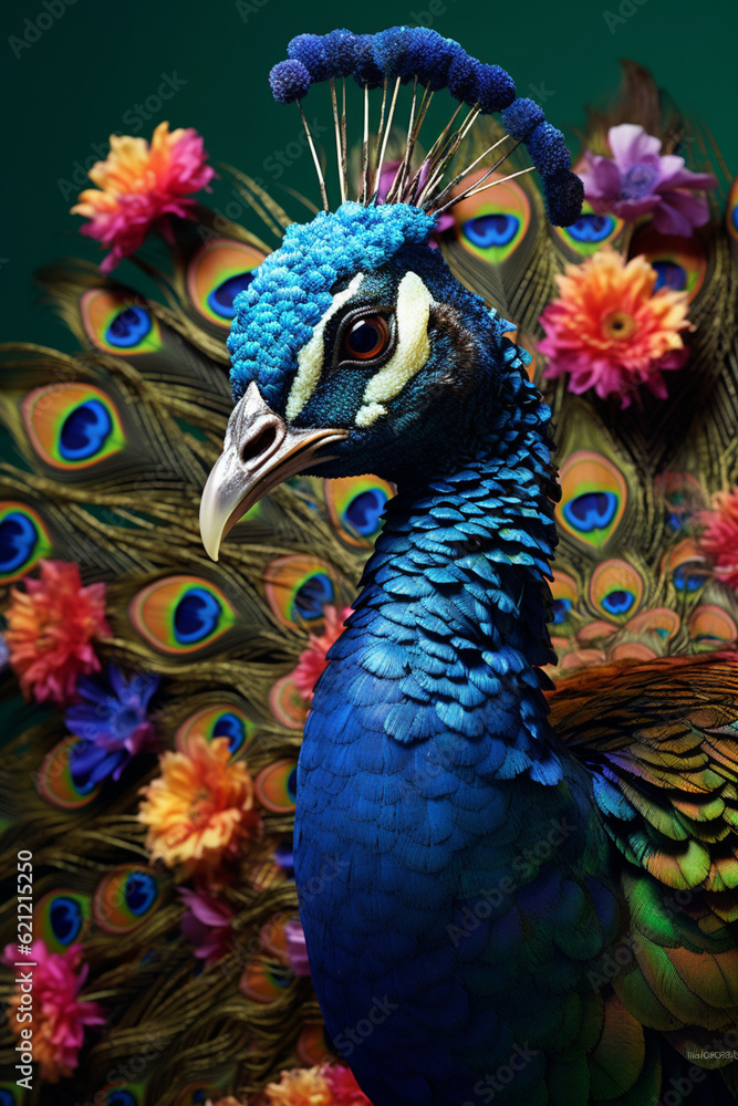 Aufkleber A conceptual image of a Peacock made from unconventional materials, such as flowers or feathers, challenging the perception of Peacock as solely utilitarian objects.  Generative AI technology.