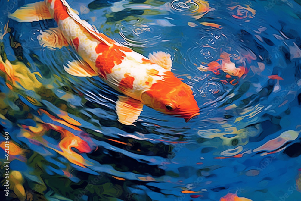 Poster An abstract representation of koi fish in a tranquil pond, with fluid lines and vibrant colors. Generative AI technology.