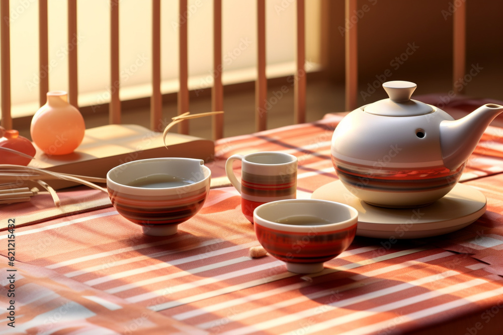 Poster An image featuring abstract representations of tea utensils and patterns associated with the traditional Japanese tea ceremony, with harmonious colors and serene lines Generative AI technology.