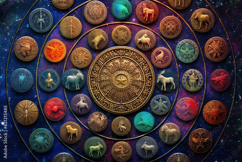 Poster an abstract representation of the babylonian zodiac symbols, with celestial motifs and cosmic colors
