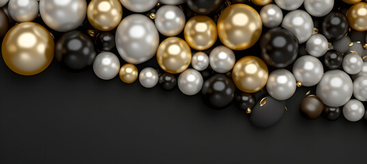 Symbol Hyphen of jewelry balls in black and yellow gold and pearls texture background, top view banner