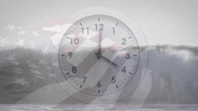 Animation of clock ticking over flag of usa
