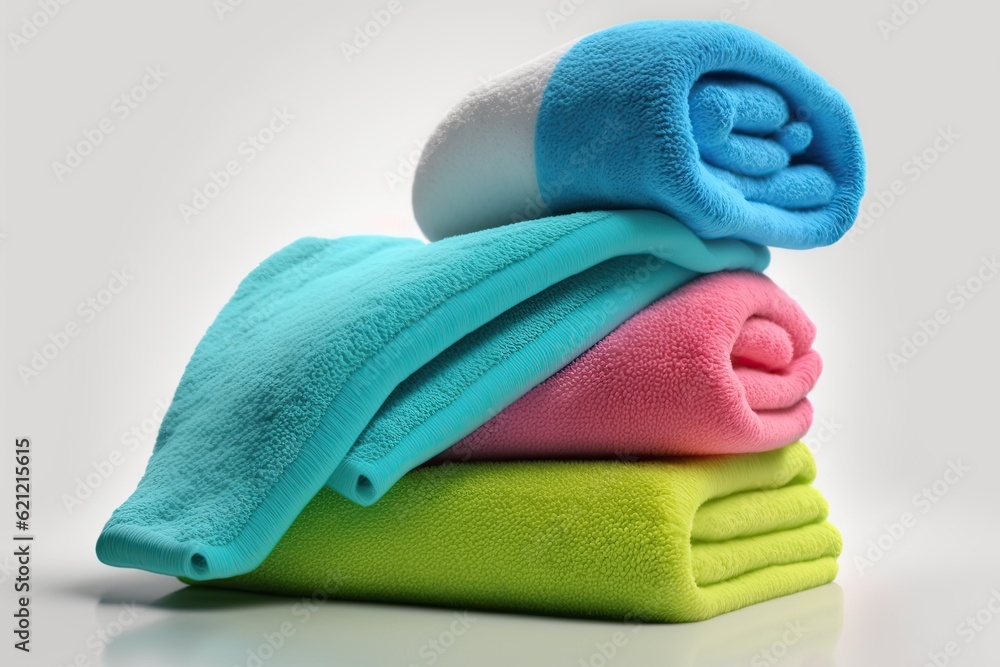 Poster neat stack of three towels in different colors. generative ai