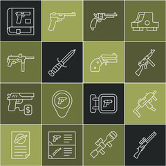 Set line Hunting gun, MP9I submachine, Tommy, Revolver, Military knife, Submachine M3, Book with pistol or and Small revolver icon. Vector