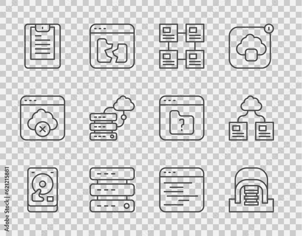 Poster set line hard disk drive hdd, hangar with servers, hierarchy organogram chart, server, data, web hos