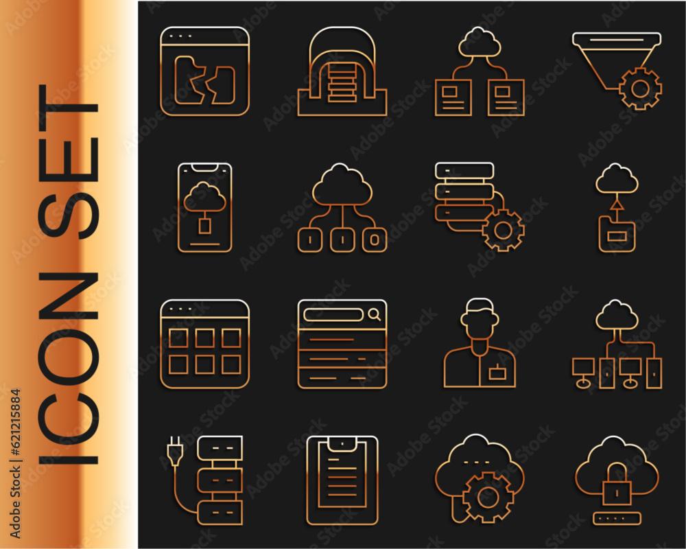 Poster set line cloud computing lock, computer network, technology data transfer, broken file and server an