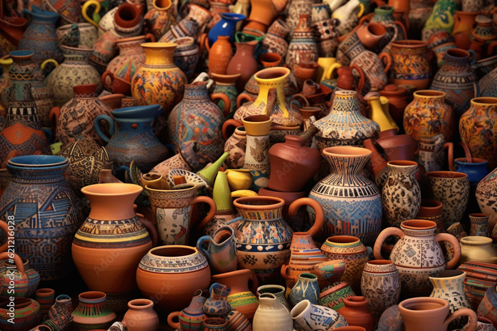 Poster an image featuring abstract interpretations of the intricate pottery and ceramic works of the indus 