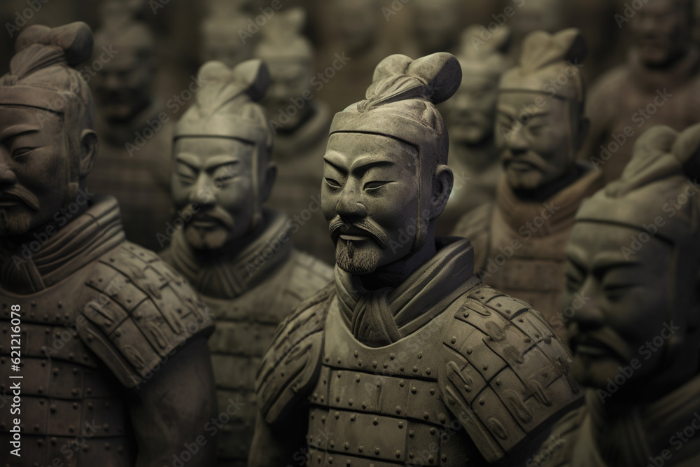 Poster an image showcasing abstract representations of the terracotta warriors and horses of emperor qin sh