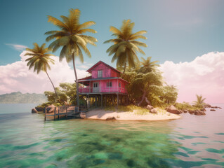 Island Oasis: Tranquil Escape to a Vibrant Pink Wooden House - Palm Trees and Blissful Serenade - Generative AI