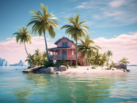 Tropical Paradise: Vibrant Pink Wooden House on a Small Island - Kame House - Generative AI